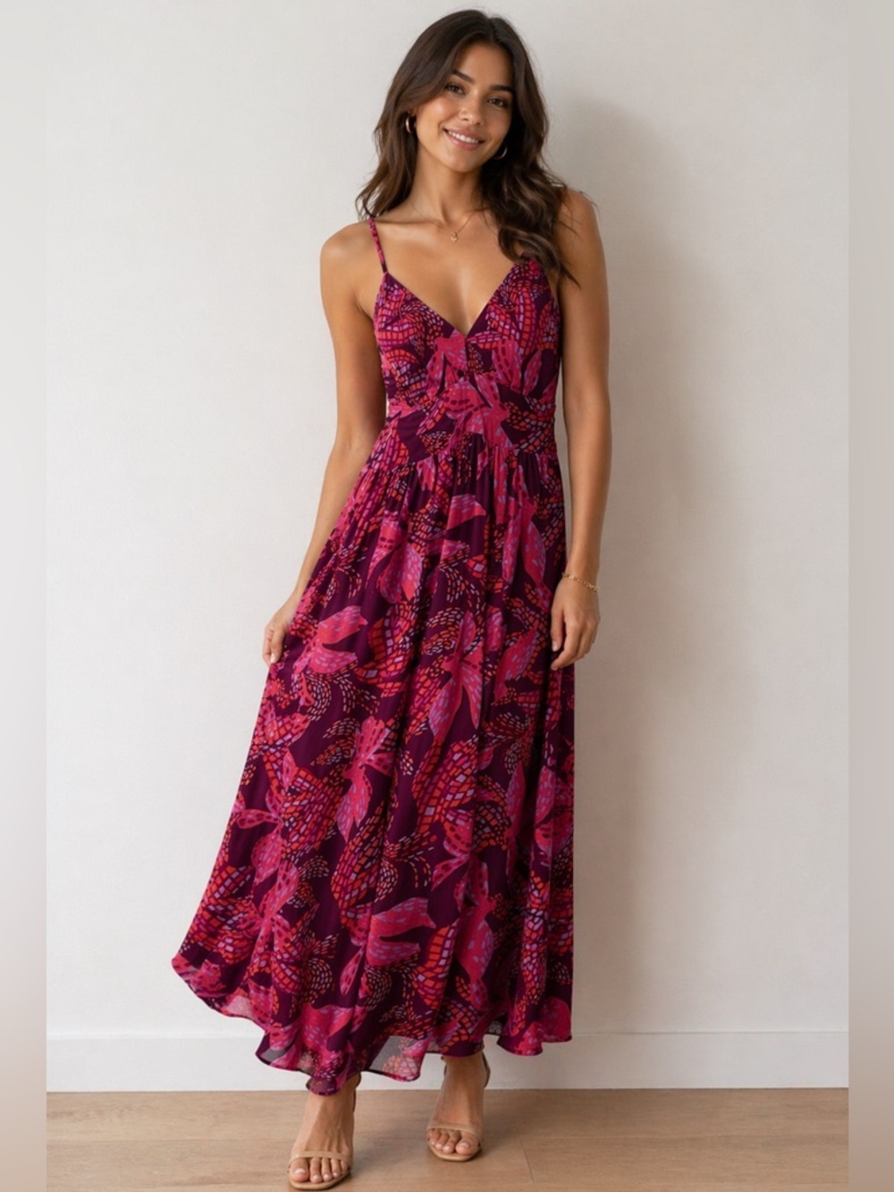 Jessica Simpson Pink and Burgundy Floral Maxi Dress, Size M